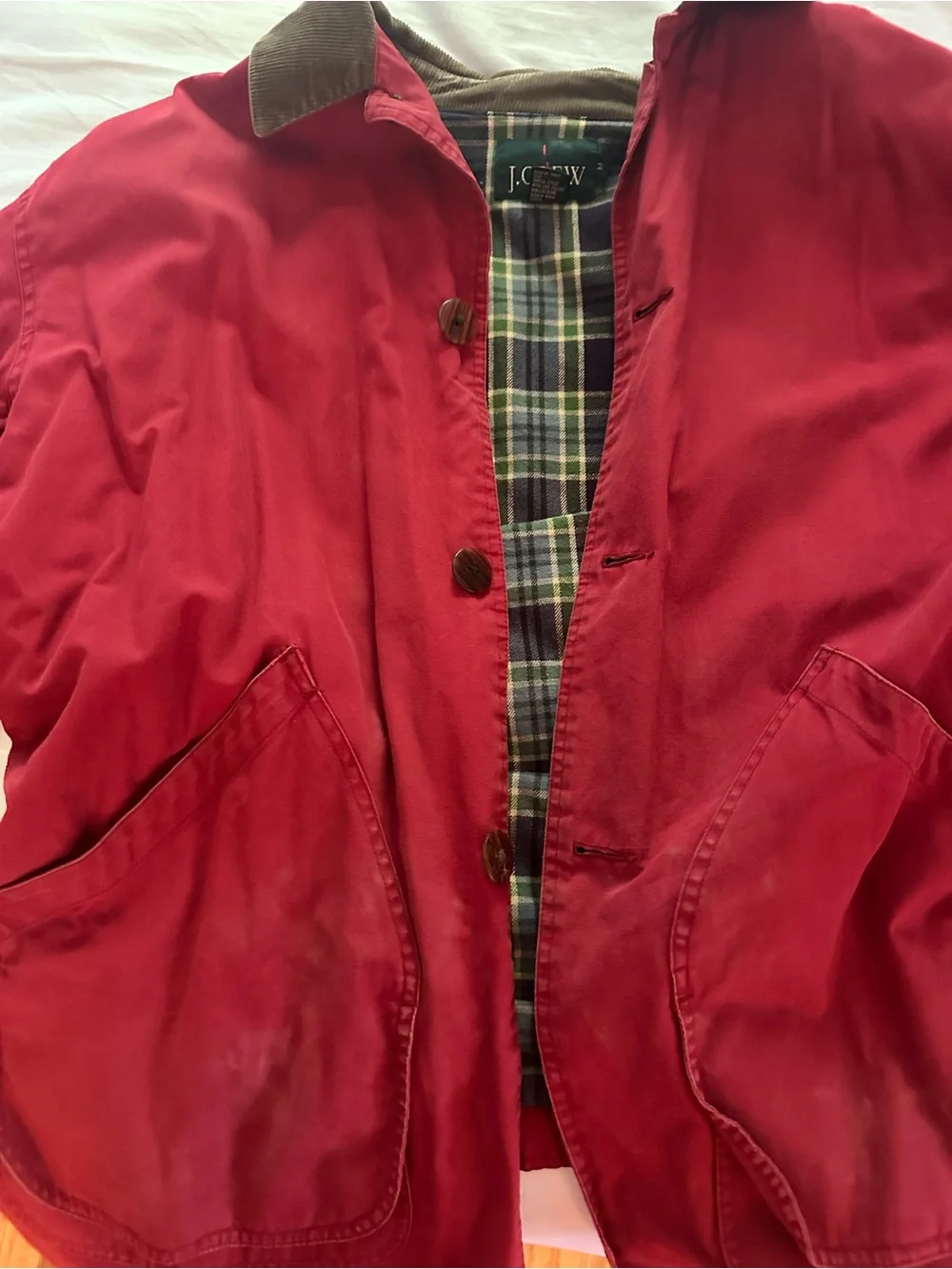 J. Crew Vintage Mens Red Barn Jacket with Brown Corduroy Collar - Size Medium